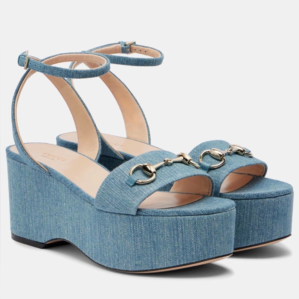 BNIB Gucci Women's Horsebit Platform Wedge Denim Sandals sz.38